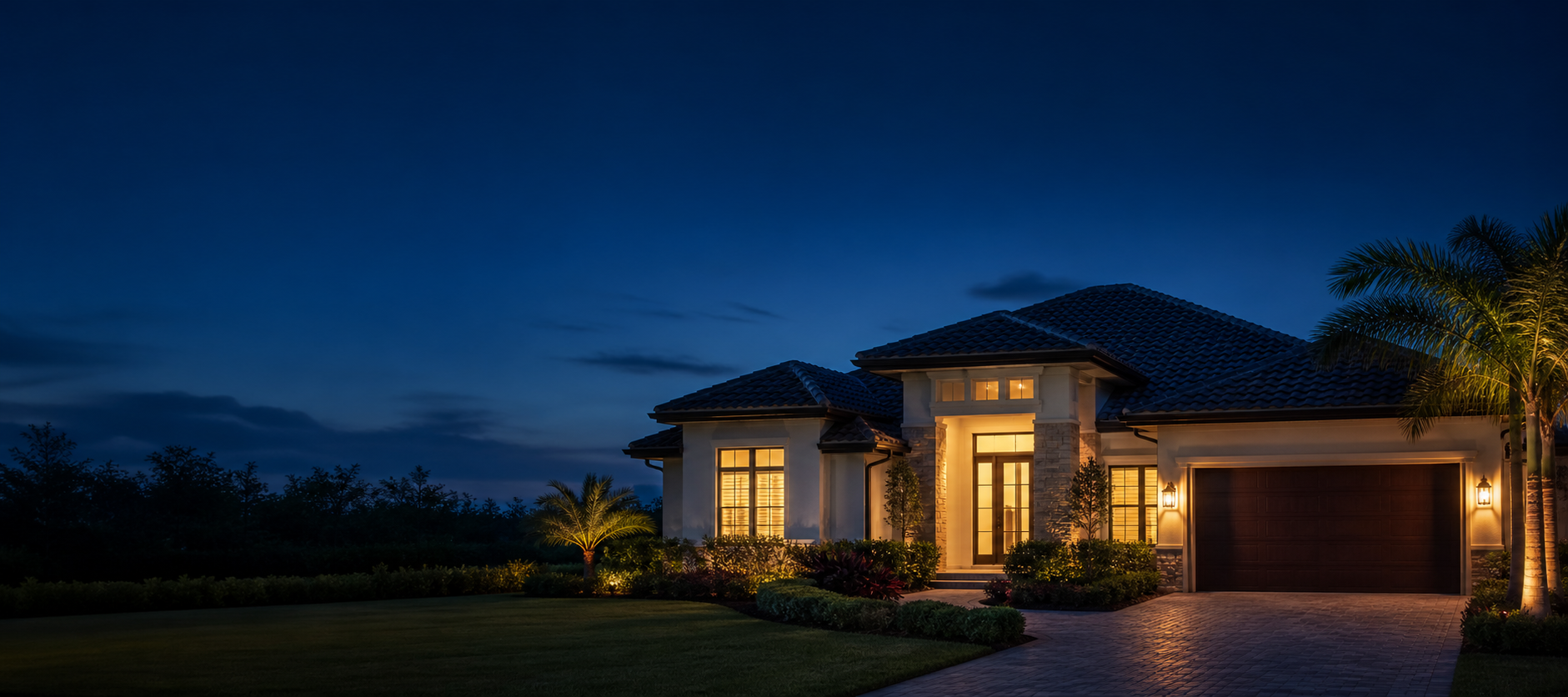Family home at dusk with the lights on